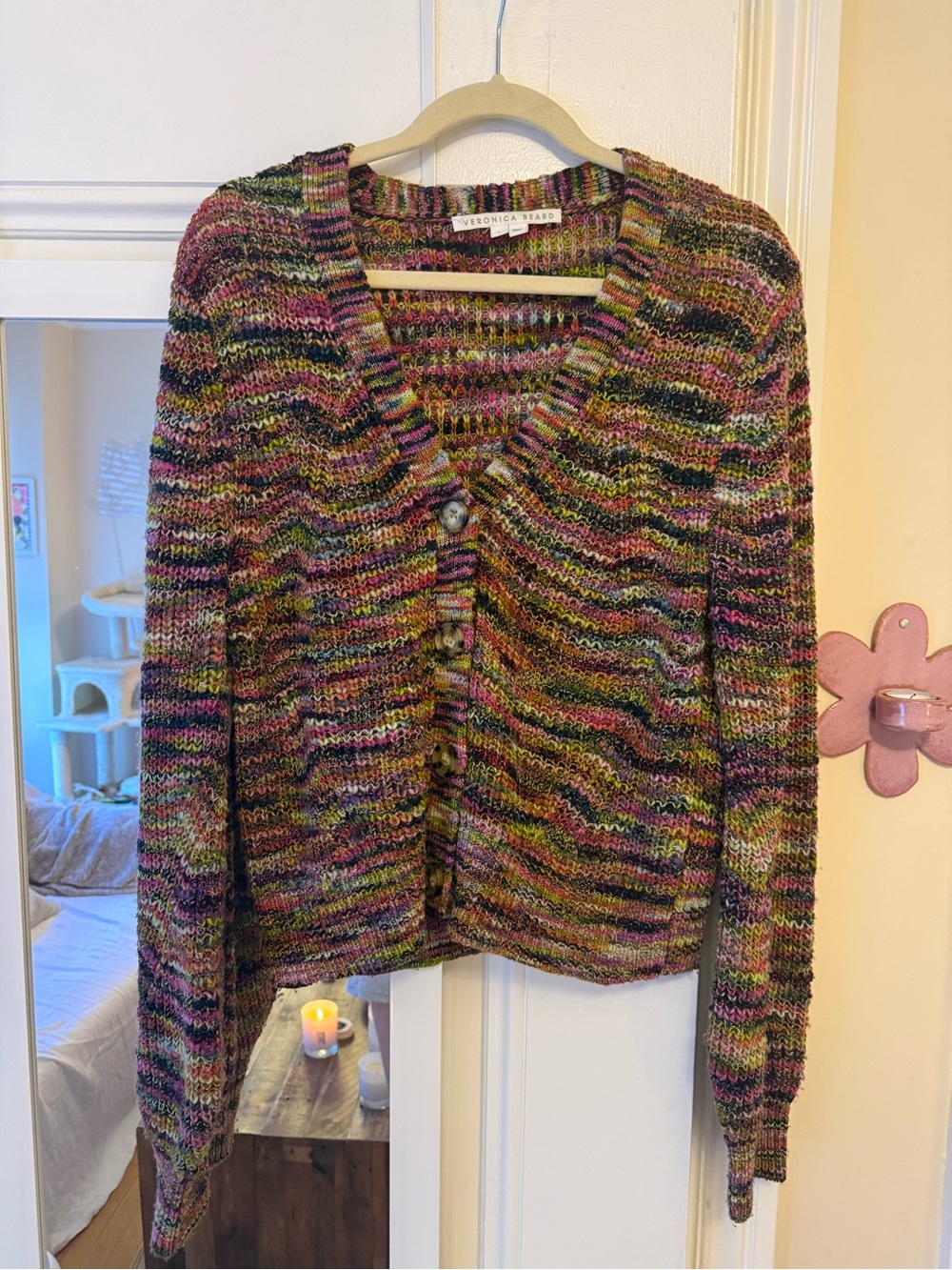 Veronica Beard Multicolor V-Neck Button Cardigan in Green, Pink, Brown